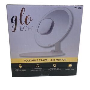 Glo Tech LED Foldable Travel Mirror in White New Open Box